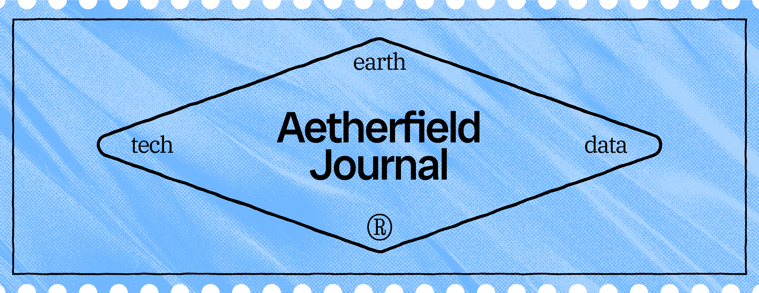 Aetherfield Journal stamp graphic with the words tech, earth, and data around a diamond frame